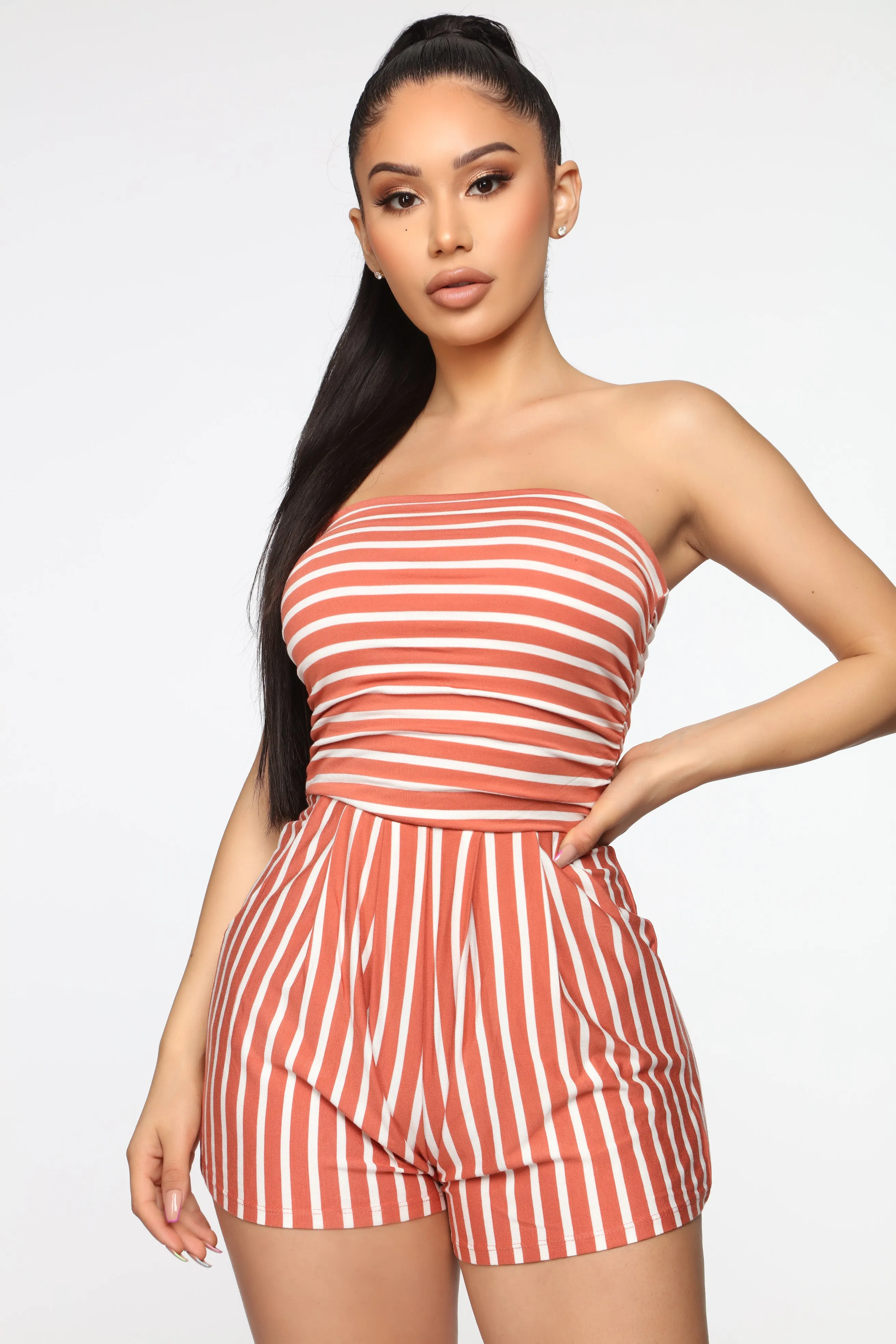 Anchors Up Striped Romper - Dark Blush