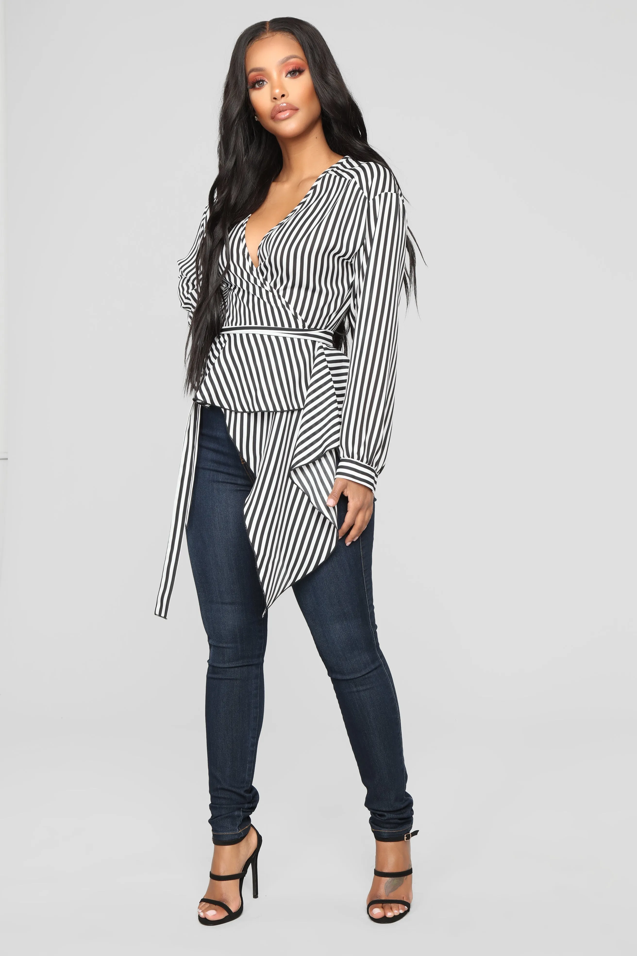 Asymmetrical Stripe Blouse - Black/White