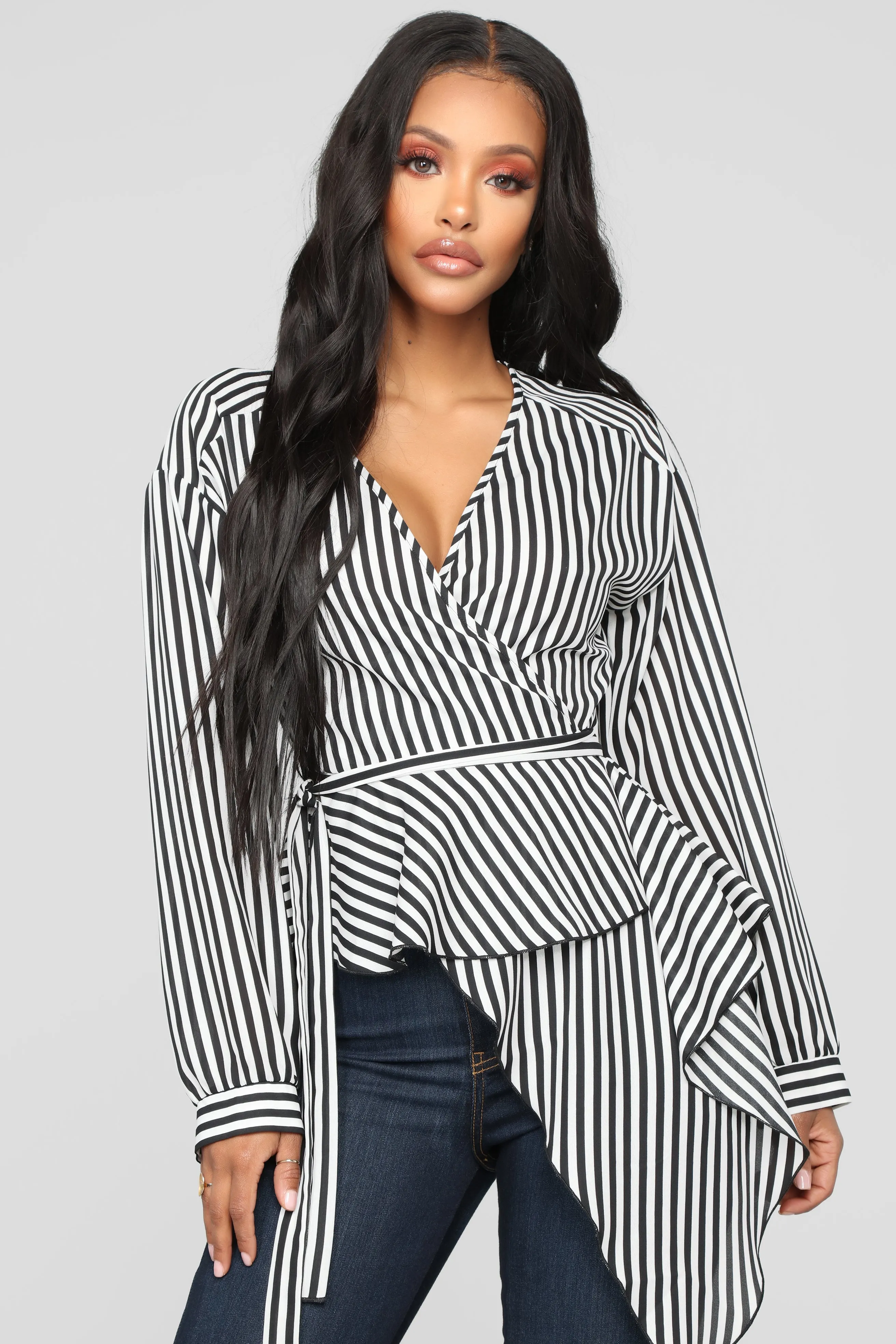 Asymmetrical Stripe Blouse - Black/White