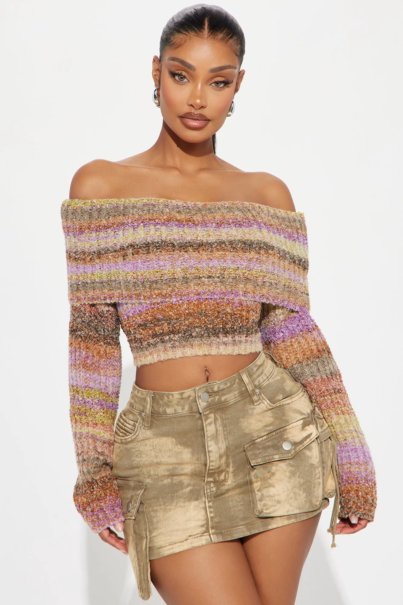 Autumn Leaves Off Shoulder Sweater - Purple/combo