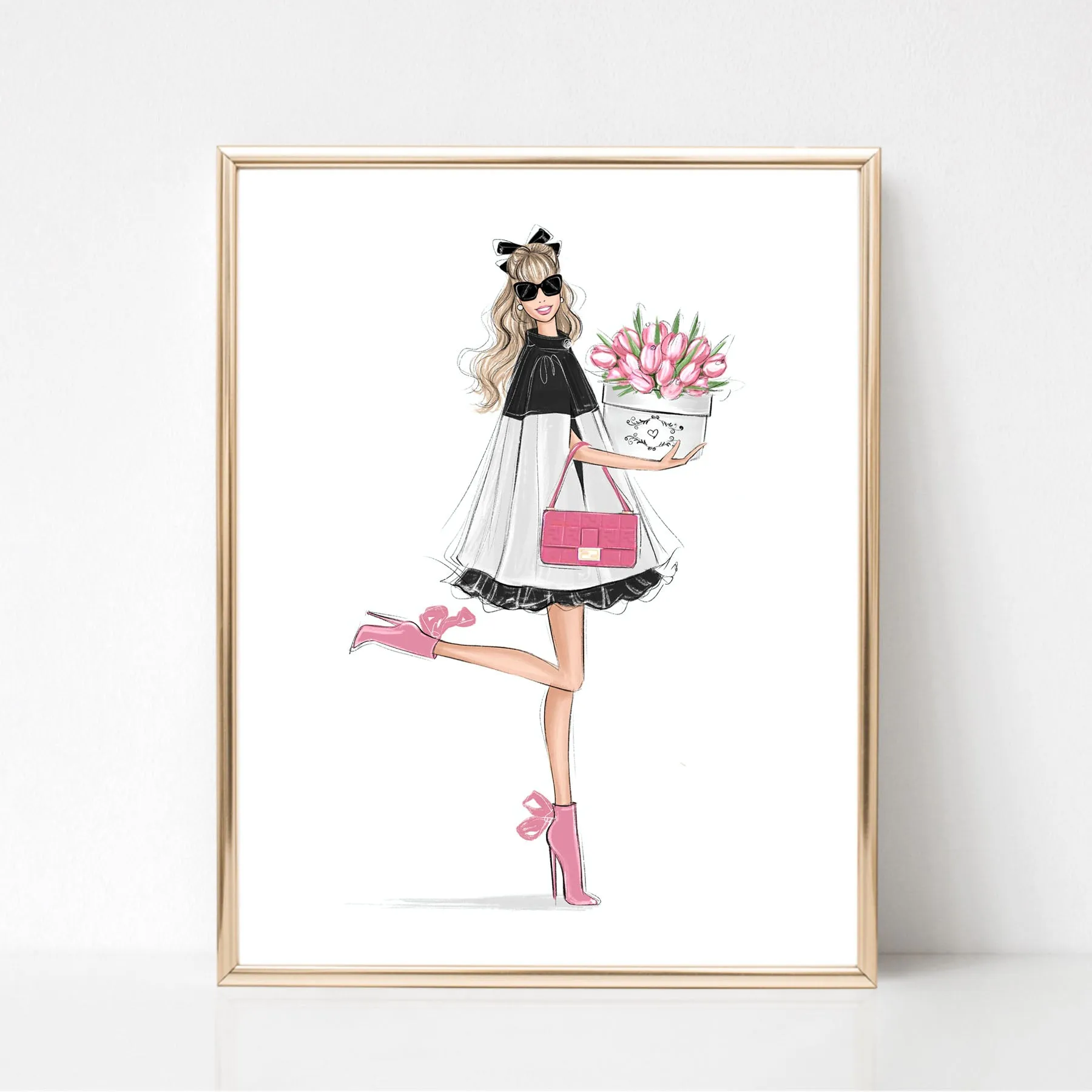 Classy girl with tulips art print fashion illustration