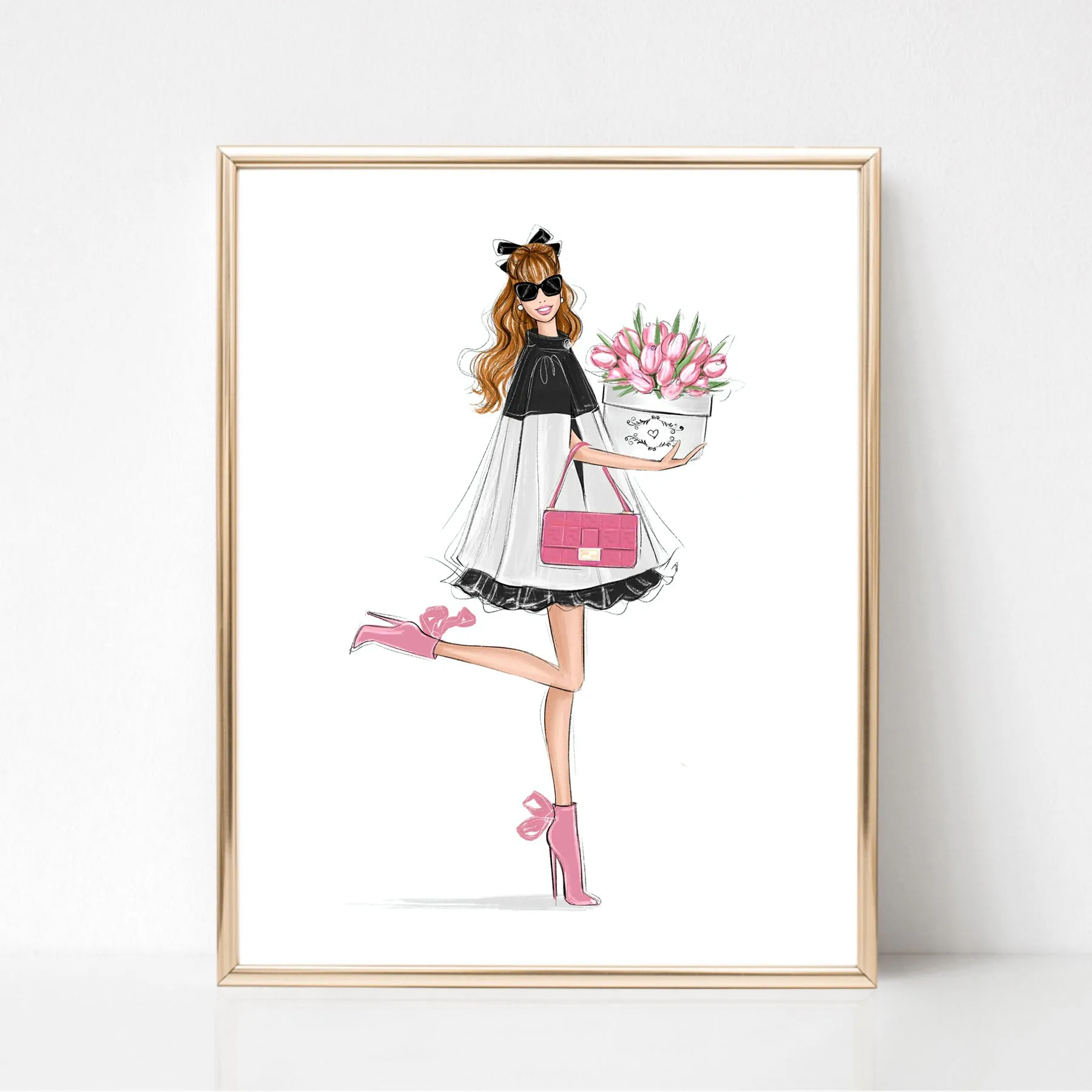 Classy girl with tulips art print fashion illustration