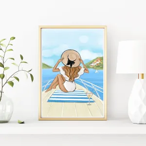 Girl on yacht summer art print fashion illustration