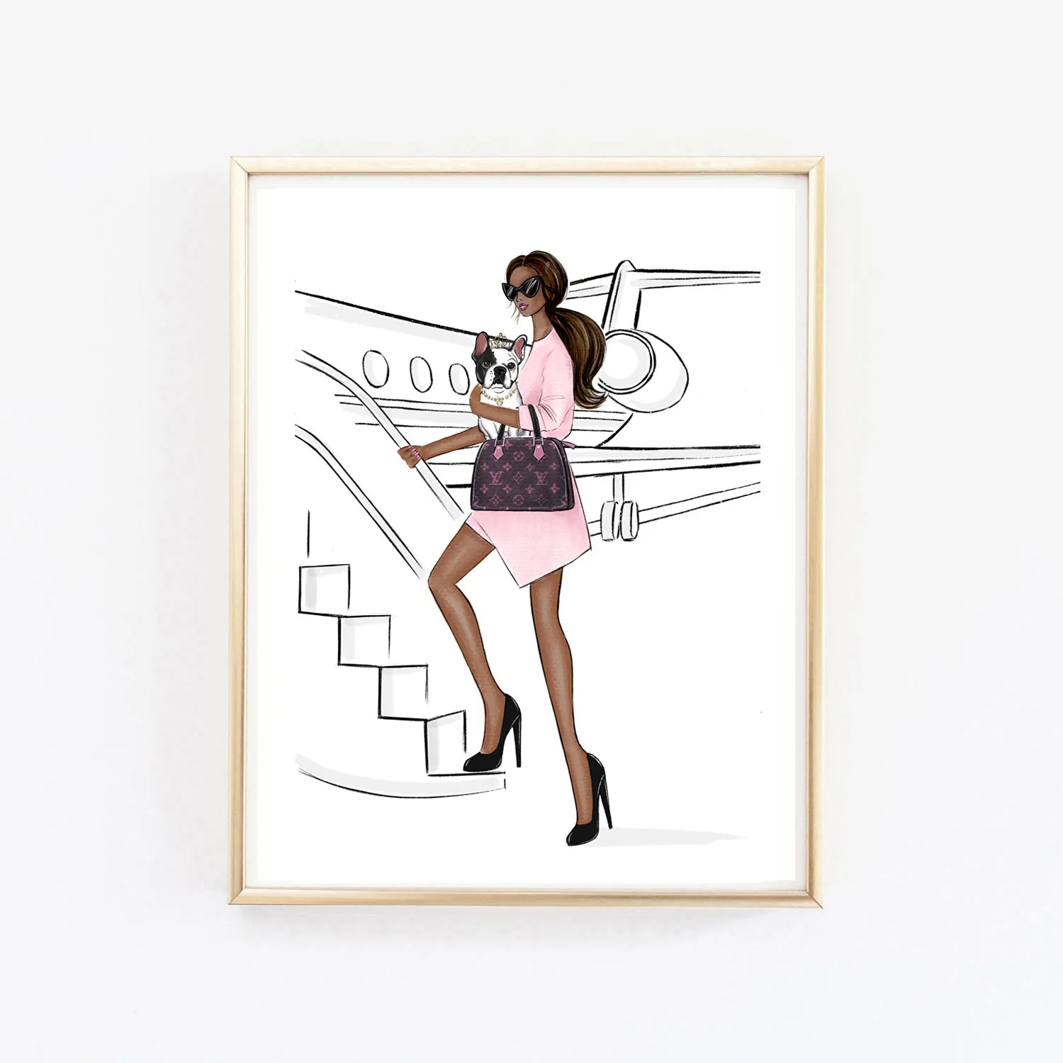 Girl traveling with French bulldog in style by airplane art print fashion illustration