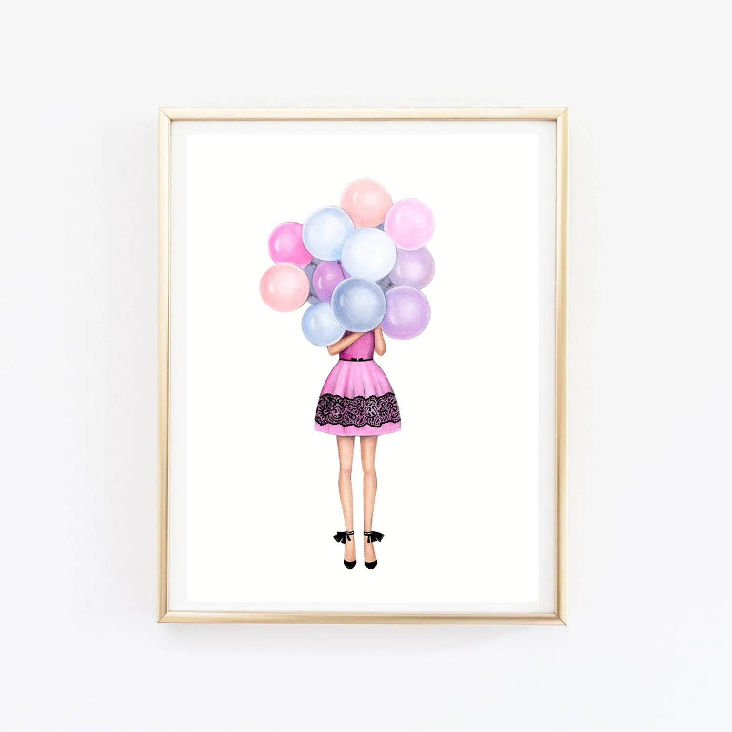 Girl with balloons art print fashion illustration