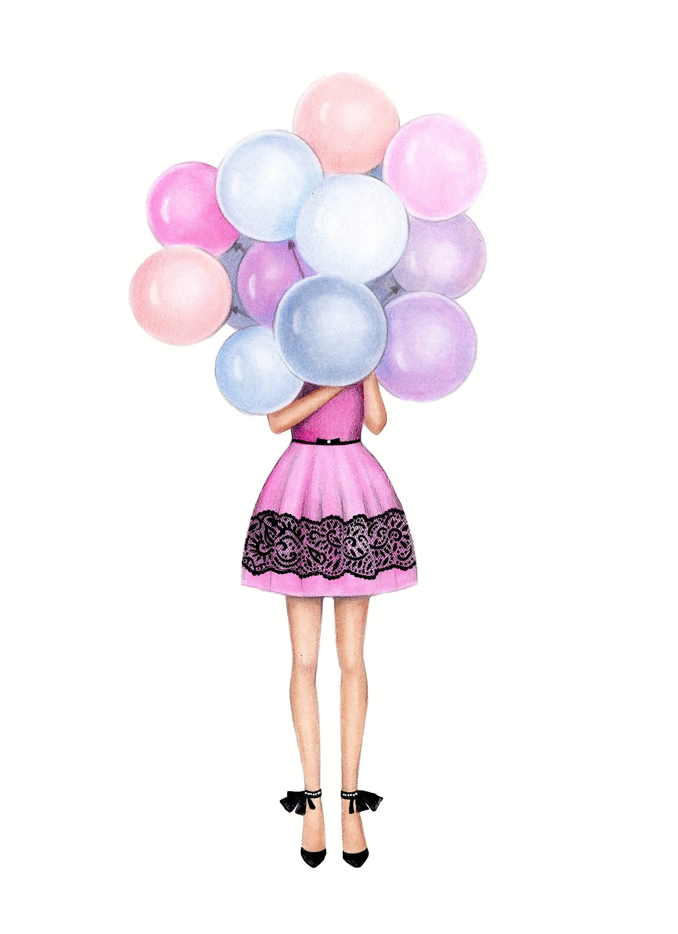 Girl with balloons art print fashion illustration