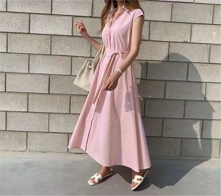 Spring Summer Shirt Dress Multi Colors Casual Sleeveless Striped Oversize Lace Up Long Dress