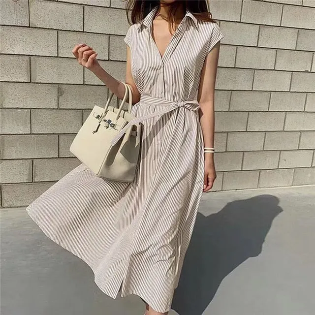 Spring Summer Shirt Dress Multi Colors Casual Sleeveless Striped Oversize Lace Up Long Dress