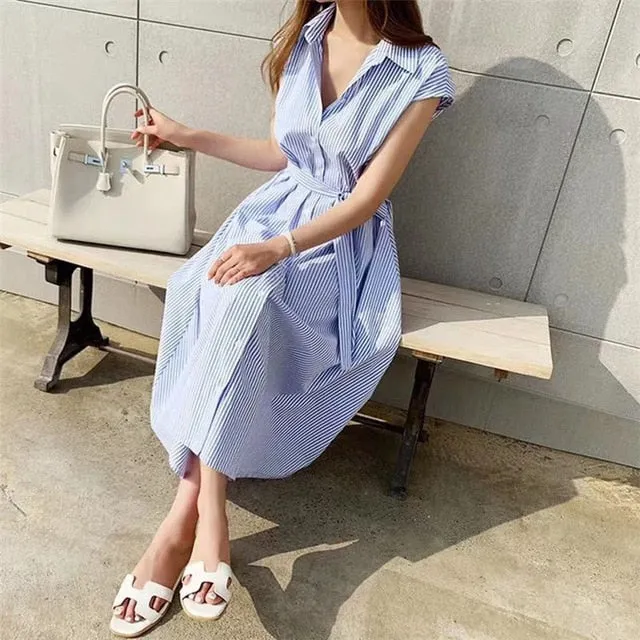 Spring Summer Shirt Dress Multi Colors Casual Sleeveless Striped Oversize Lace Up Long Dress