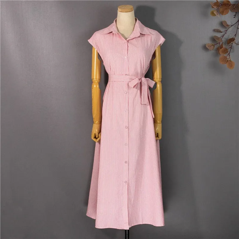 Spring Summer Shirt Dress Multi Colors Casual Sleeveless Striped Oversize Lace Up Long Dress