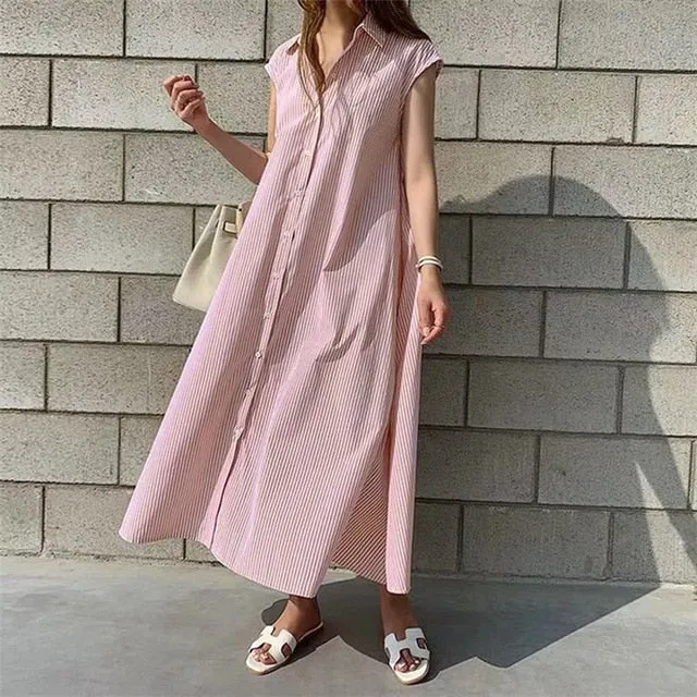 Spring Summer Shirt Dress Multi Colors Casual Sleeveless Striped Oversize Lace Up Long Dress